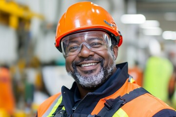 Smiling Construction Worker in Safety Gear at a Busy Worksite