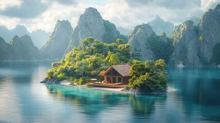 Fototapeta premium Secluded tropical island cabin with beach, mountains, and tranquil water.