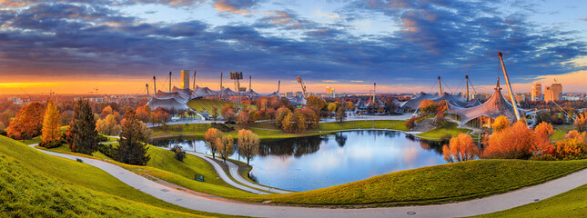 Obraz premium Autumn cityscape, panorama, banner - view of the Olympiapark or Olympic Park located in the Oberwiesenfeld neighborhood of Munich, Bavaria, Germany