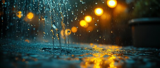Night fountain water droplets, city lights