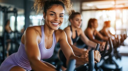 Fototapeta premium people doing cycling training in class in gym.