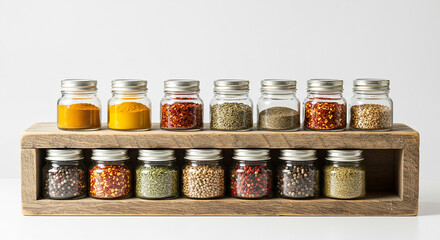 Rustic Wooden Spice Rack with Assorted Dried Herbs and Spices in Glass Jars