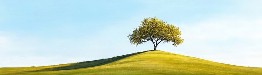 Serene Landscape with Isolated Tree on Gentle Hill Under Bright Blue Sky and Soft Clouds