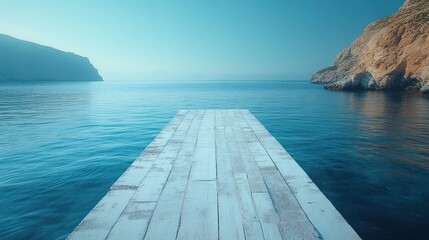 Obraz premium Serene seascape with a small white wooden pier extending into calm blue water, surrounded by cliffs under a clear sky.