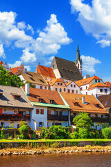 Summer cityscape - view of the Vltava river embankment in the historical center of Cesky Krumlov, Czech Republic © rustamank