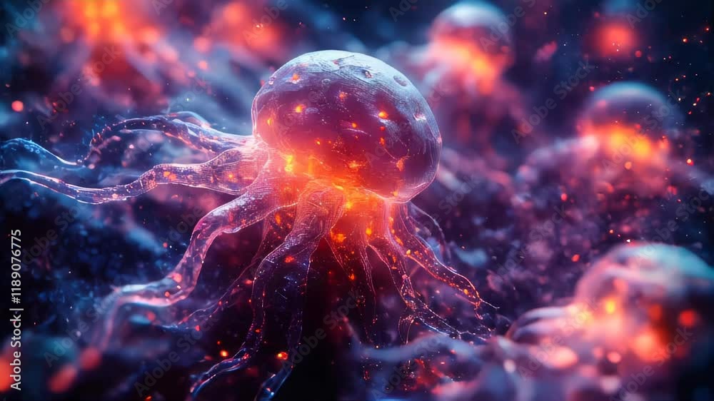 Poster an abstract, glowing neural network depiction with intricate tentacle-like structures, symbolizing c