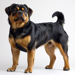 Alert Rottweiler puppy stands, showcasing rich black and tan coat.