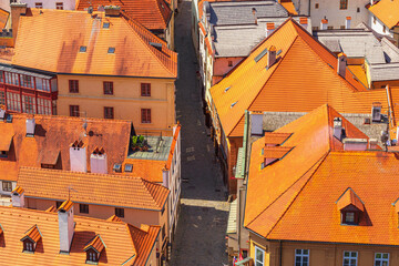 Summer cityscape - top view of the Radnicni (Town Hall) street in the historical center of Cesky Krumlov, Czech Republic