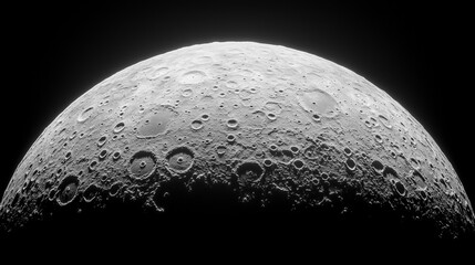 High-resolution image of the Moon's surface showcasing craters and textures, captured in black and white against a dark background.
