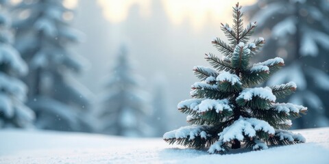 Fototapeta premium Serene Winter Scene A Small Evergreen Tree Covered in Fresh Snow, Amidst a Blurred Forest Background