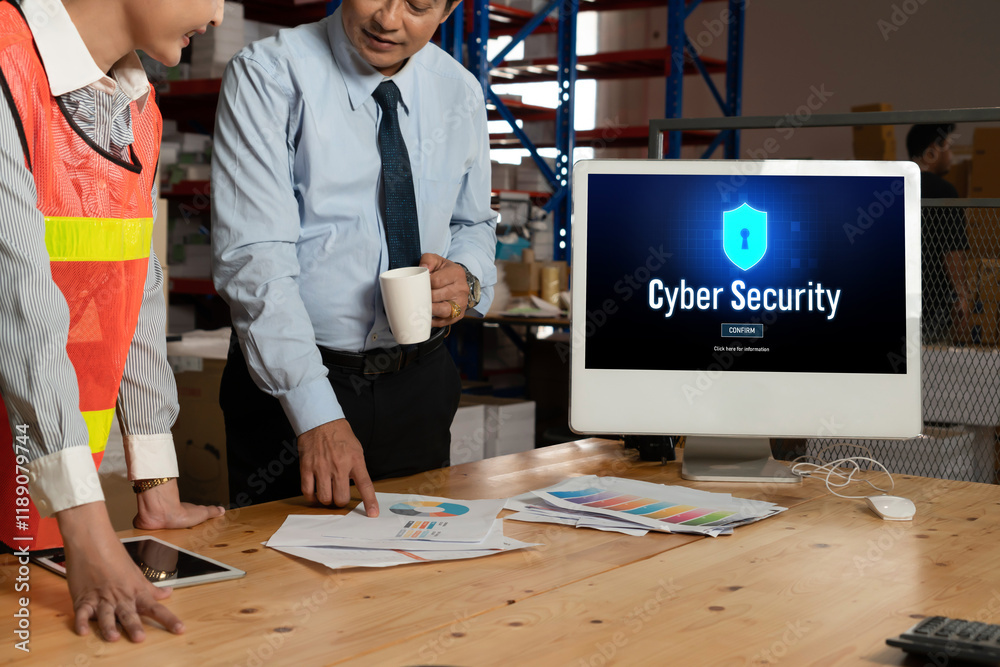 Poster cyber security system on computer screen protect private information snugly from hacker and cyber at