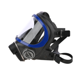 Black gas mask with blue border, chemical protection mask no filter, on white background.