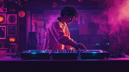 DJ guy against swirling pink smoke and illuminated neon lights on stage. Electronic music mixing turntable equipment. Ethereal lighting captivating atmosphere. Live performance, nightlife night club.