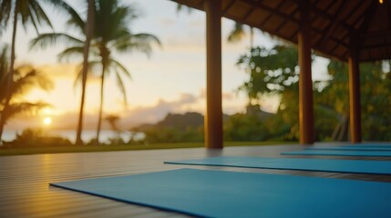 A serene yoga space overlooking a tranquil sunset by the ocean.