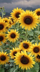 Fototapeta premium A group of bumble bees resting on the petals of a sunflower in a field, flowers, rest, meadow