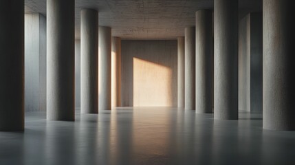Large, empty room with pillars and a wall
