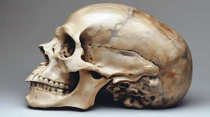 Detailed, weathered human skull with an exaggerated, enlarged cranium and visible cracks, presented against a neutral background. The texture showcases aged bone with natural imperfections and intrica