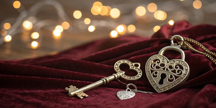 Artistic composition of antique keys with bokeh background in warm light evoking love, mystery, and special occasions
