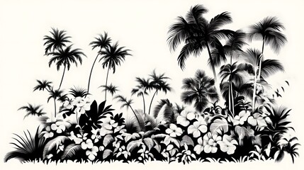 Obraz premium Monochrome Tropical Palm Trees and Lush Foliage