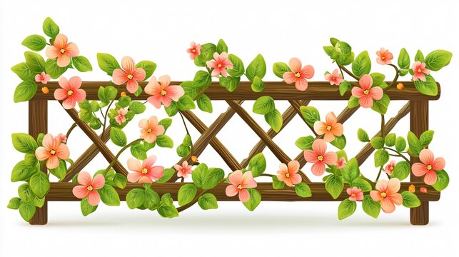 Exquisite Wood Grillage Decor with Vibrant Flowers, Plant Branches, and Leaves