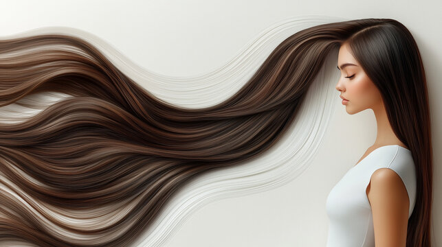 Elegant woman with long, flowing brown hair in a creative composition, showcasing beauty, haircare, and natural elegance against a soft background