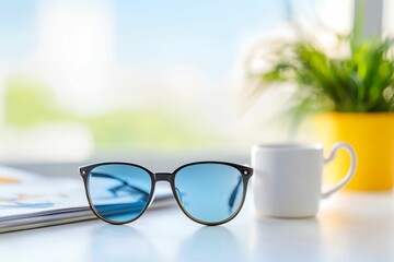 Pair of sunglasses sits on a table next to a cup