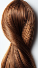 Close-up of smooth, healthy, and shiny light brown hair styled in a sleek twist against a white background. The strands are glossy and well-defined, showcasing hair care and beauty
