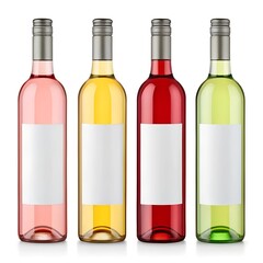 Mockup of four wine bottles with plain white labels in shades of pink, yellow, red, and green, set against a white background. Ideal for customizable branding projects.