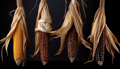 four dried cobs of ornamental corn on a black background