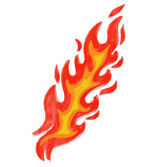 Hot burning red fire flame illustration crayon watercolor doodle kids children drawing style