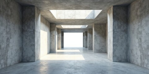Obraz premium Sunlit Modern Concrete Structure Empty Hallway with Square Openings in Ceiling