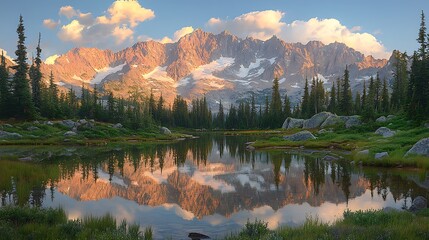 Golden light of dawn touching the peaks of a mountain range, with its calm reflection in a mirror-like lake and wispy clouds above.