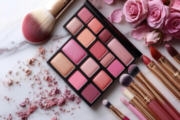 luxurious beauty cosmetics flat lay arrangement with premium lipsticks eyeshadow palettes and makeup brushes on marble background
