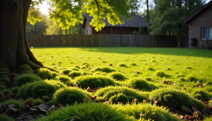 Lush green moss and grass under a tree in a peaceful backyard garden