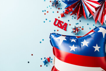 Fototapeta premium Patriotic American decorations, red white and blue, star-spangled banner, party streamers, confetti, festive celebration, Fourth of July, Independence Day, close-up photography, vibrant colors, high c