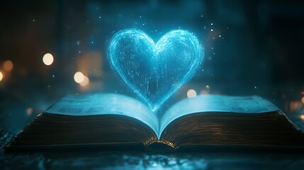Heart symbol emerging from open book magical setting fantasy concept