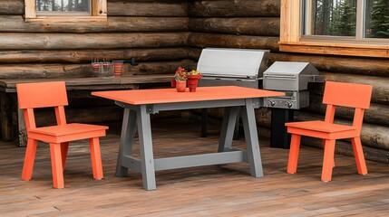 Outdoor Patio Set, Coral Chairs and Gray Table with Grill