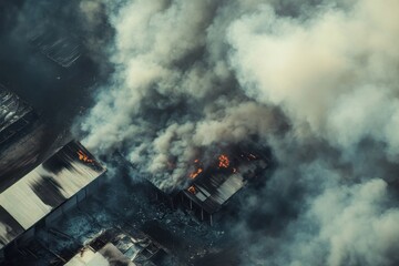 Aerial view of a large-scale industrial fire with dense smoke and scattered flames, showing destruction and environmental impact