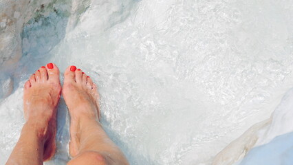 Feet Relaxing Top View White Water Flow Nature Pool