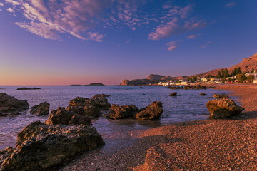 Seaside landscape at sunrise on Rhodes island Stegna beach
