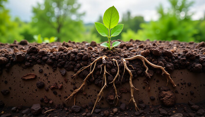Fototapeta premium Close-up of young plant with roots in rich soil showcasing growth and nurturing environment