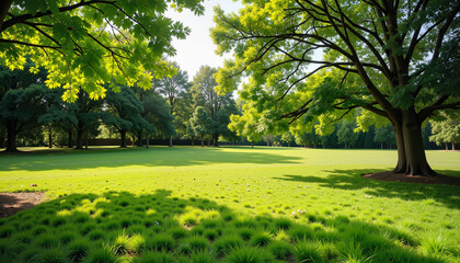 Obraz premium Shady green lawn with lush grass and trees casting gentle shadows in serene park setting