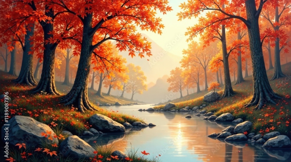 Poster serene autumn creek scene a picturesque stream winds through a vibrant forest of autumn trees, bathe
