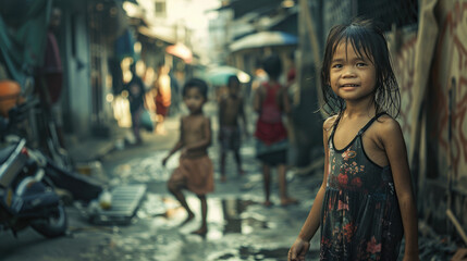 Obraz premium Thai people of all ages inn a small dirty street.