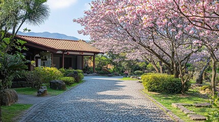 Fototapeta premium Serene Cherry Blossom Trees Lining a Tranquil Garden Walkway