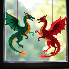 Colorful paper cutouts of dragons and phoenixes hang in a window, dragon, phoenix
