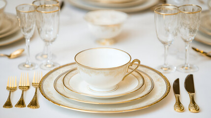 Elegant table setting with a luxurious and formal design ,  The plates feature a white and gold rimmed pattern , complemented by matching gold utensils , The centerpiece consists of fresh white plate 