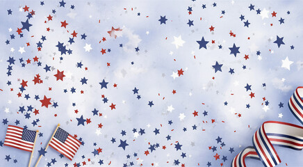 Obraz premium Patriotic American scene, wooden table background, scattered red white and blue confetti, small American flags, striped party hats, festive atmosphere, 4th of July celebration, Independence Day decor,