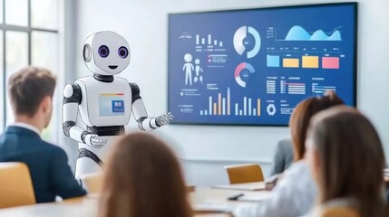 A futuristic humanoid robot standing confidently at the front of a modern conference room, presenting business and economic data