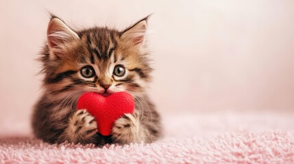 fluffy kitten snuggling with a red heart-shaped toy and holding a small red heart in its mouth